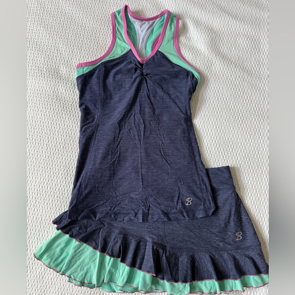 Sofibella Navy and Mint Women's Tennis or Pickleball  Tank and Skirt Set, XS/S